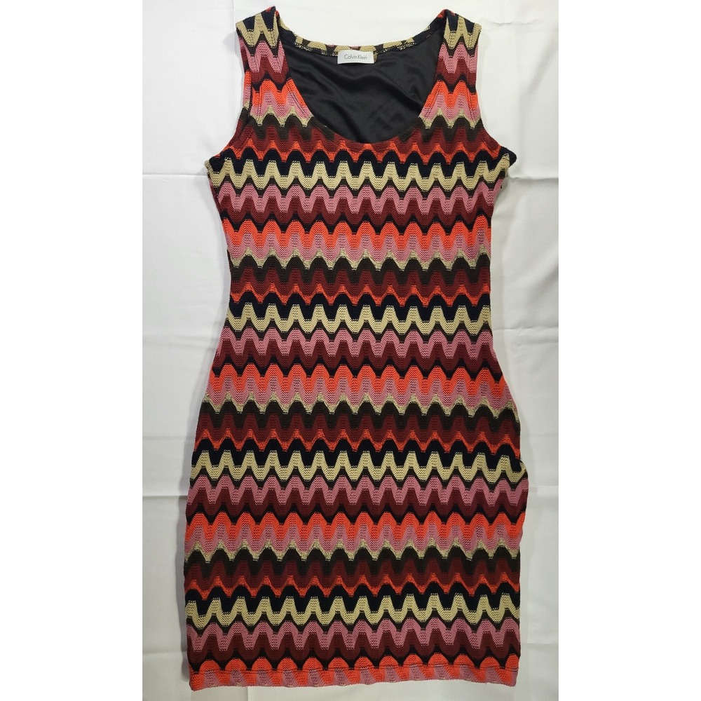 Calvin Klein Dress Sz 4 Sleeveless Chevron Zig Zag Knit Bodycon Mini Multi-Color